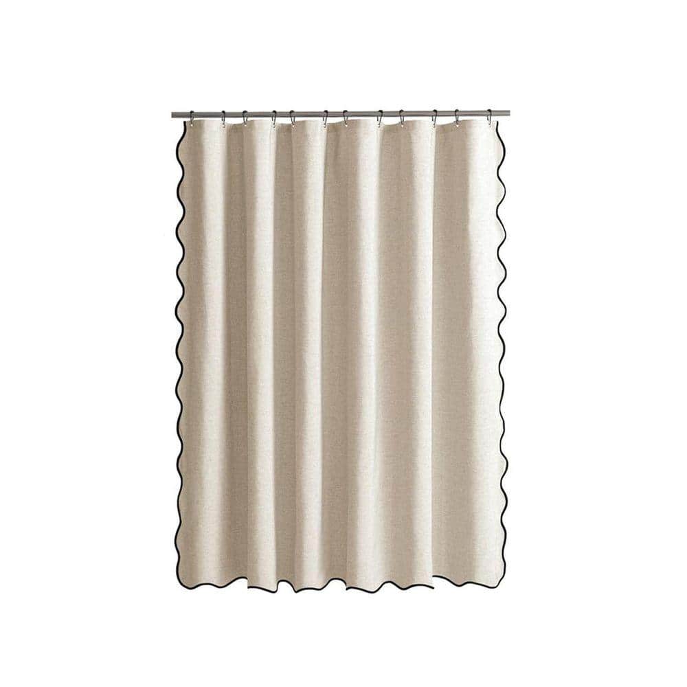 Angel Sar 72 in. W x 84 in. L Faux Linen Scalloped Shower Curtain in Cream Textured with 12 Metal Hooks Cute with Black Border