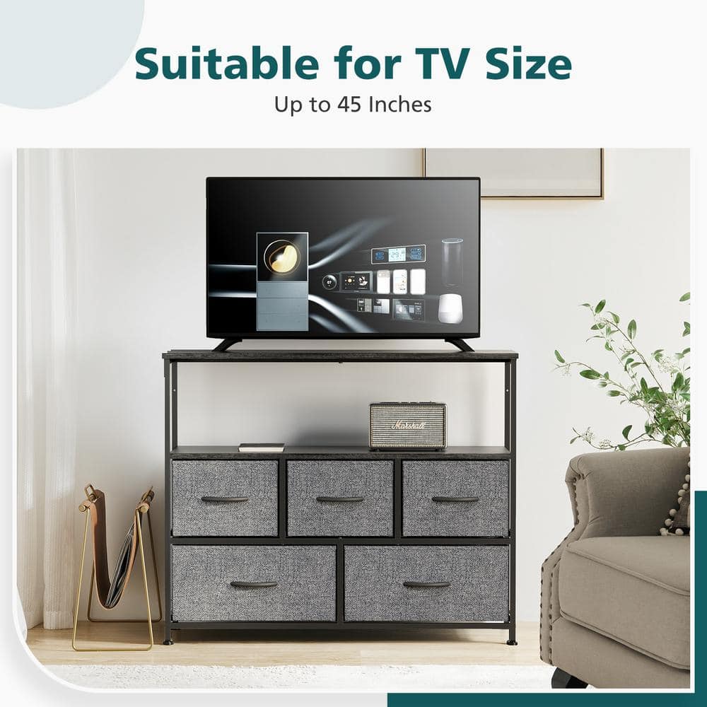 Tileon 39 in. W 12 in. D 31 in. H Gray Wood Freestanding Linen Cabinet 5-Drawer Dresser with Open Shelf and Adjust Feet (4)