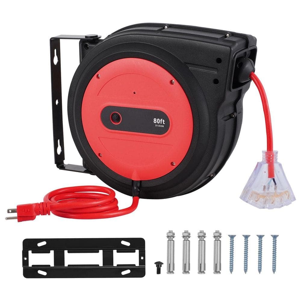 SKYSHALO Retractable Extension Cord Reel 80ft. Heavy Duty 12 / 3 15 Amp SJTOW Extension Cord Reel with Lighted Triple Tap Outlet (1)