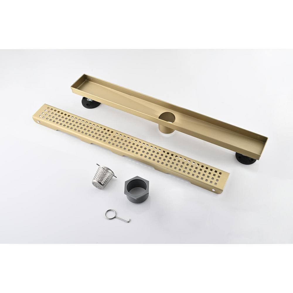 Tahanbath 12 Inches Linear Shower Drain with Removable Quadrato Pattern Grate, Included Hair Strainer and Leveling Feet (3)