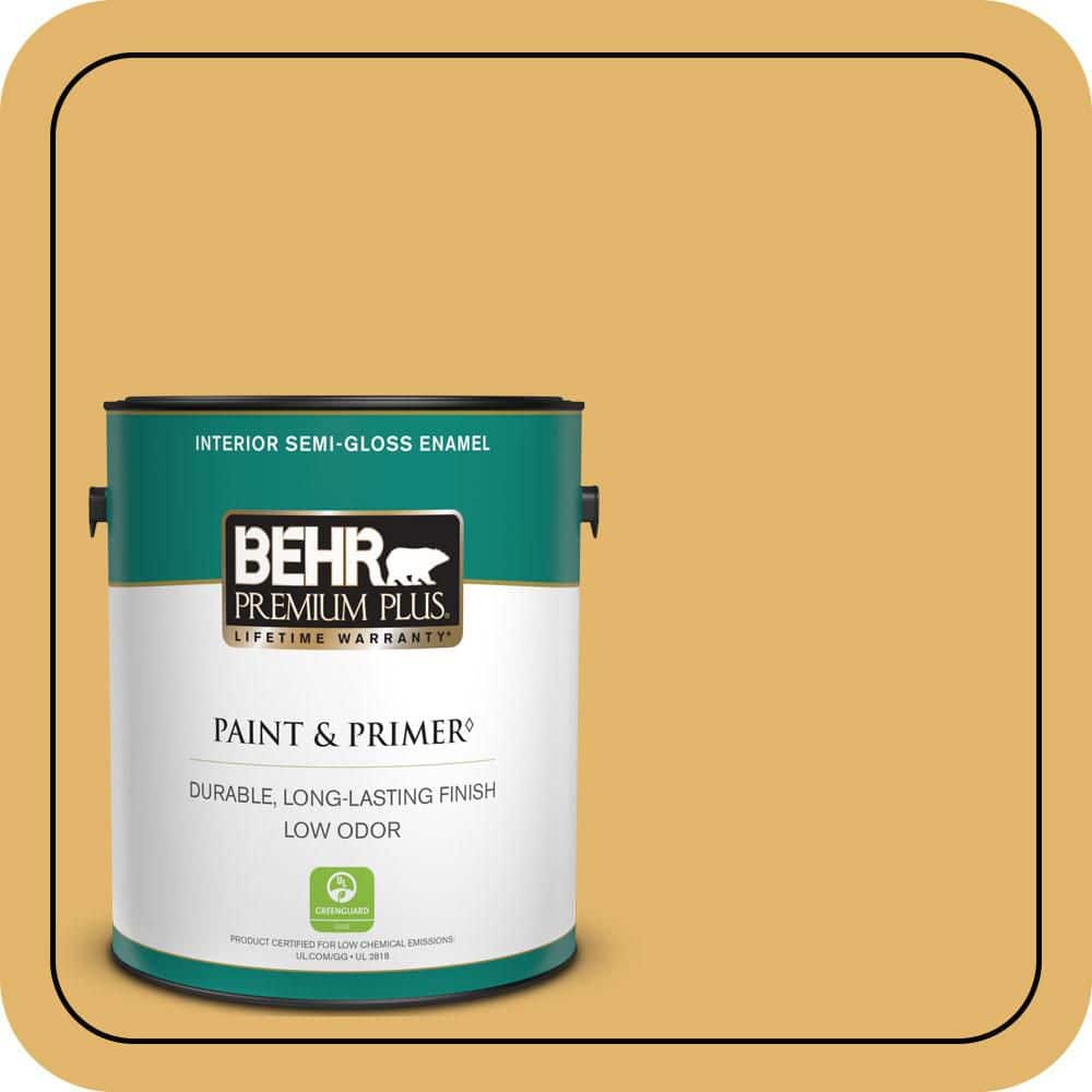 BEHR PREMIUM PLUS 1 gal. #M290-5 English Custard Semi-Gloss Enamel Low Odor Interior Paint & Primer