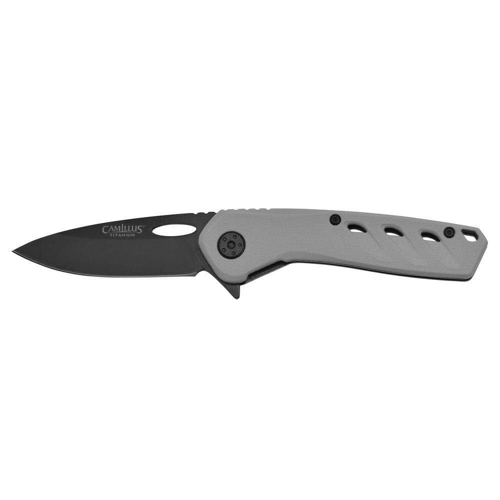 Camillus SLOT 2.75 in. Carbonitride Titanium Drop Point Straight Edge Folding Knife with Quick Lauch Bearing System, Gray Handle