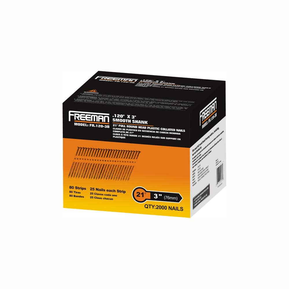 Freeman 21° 0.120 in. x 3 in. Plastic Collated Bright Smooth Shank Framing Nails-2,000 Count- for Framing, Decking and Subfloors (1)