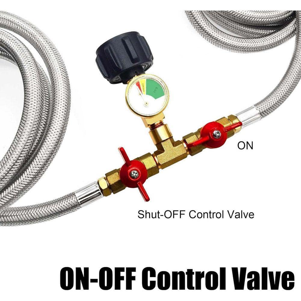 Lukvuzo 5FT Stainless Braided Propane 2 Way Splitter Adapter Hose with Shut Off Valve and Gauge 1lb to 20lb Converter (2)
