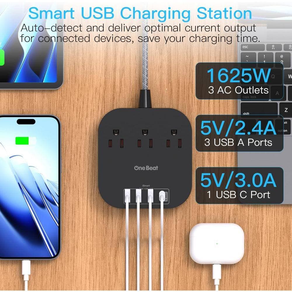 Lukyamzn 10 ft. Braided Cord Power Strip with Flat Plug, 3-Outlets 4-USB Ports (1 USB-C) Non Surge Protector for Travel in Black (2)
