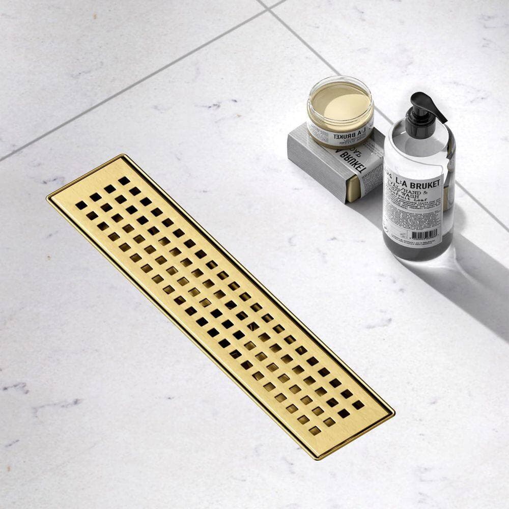 HOMEMYSTIQUE 12 in. Linear Shower Drain, Brick Pattern Grate 304 Stainless Steel Floor Drain w/Hair Strainer, Brushed Gold (2)