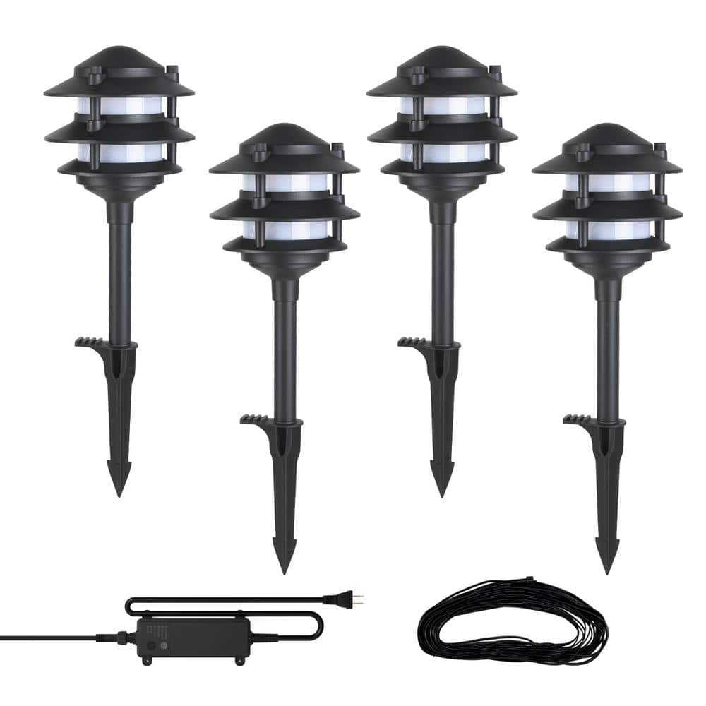 Hampton Bay Elmore 18 Lumen Low Voltage Black Hardwired Integrated LED Landscape Light Kit with Transformer Included (4-pack) (3)
