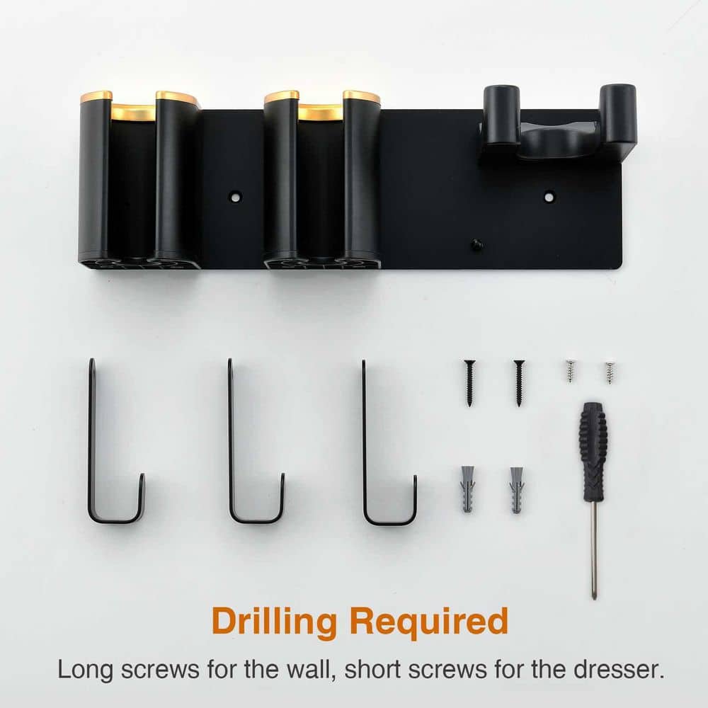 Anqtovp Black Gold 13 in. Wall Mount Installation Hair Tool Organizer in Aluminum Alloy Finish for Hair Dryer Curling Iron (2)