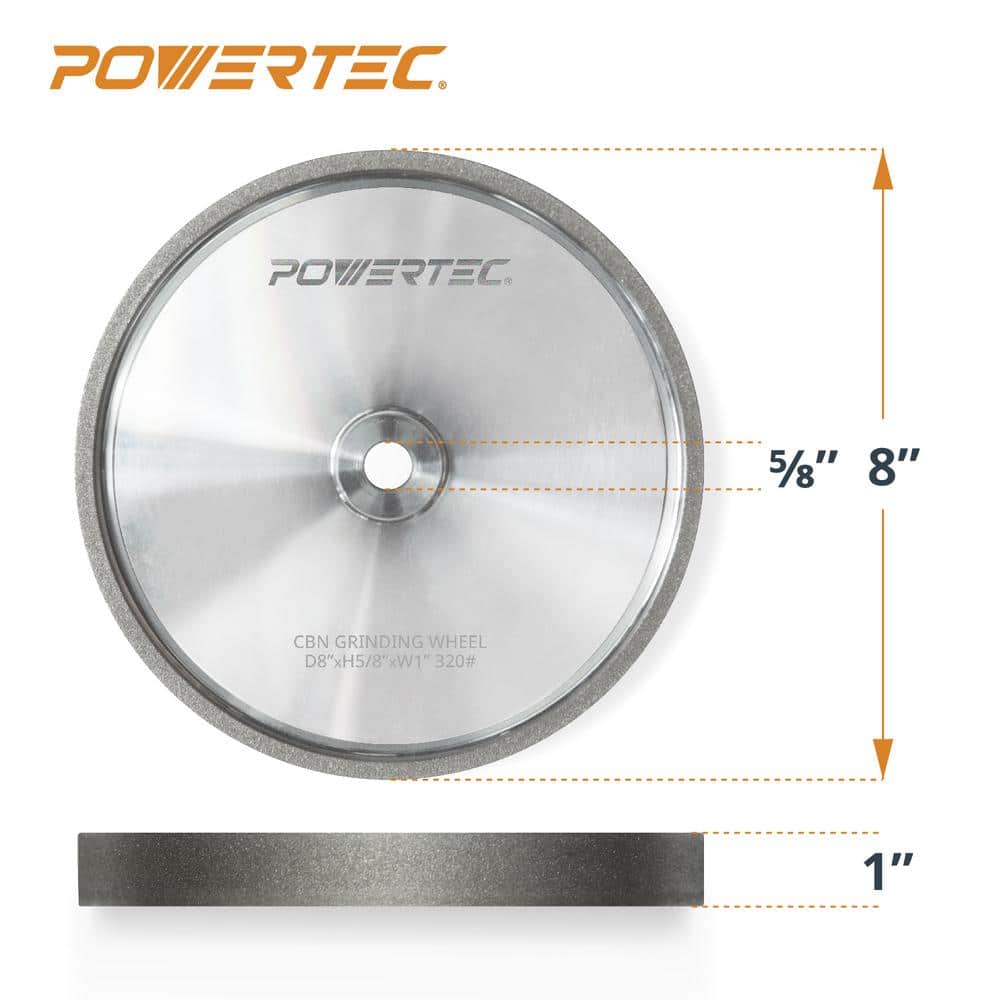 ‎POWERTEC 8 in. x 1 in. W, 5/8 in. Arbor CBN Bench Grinding Wheel, 320 Grit for Sharpening HSS Tool/Lathe Tool for Bench Grinder (3)