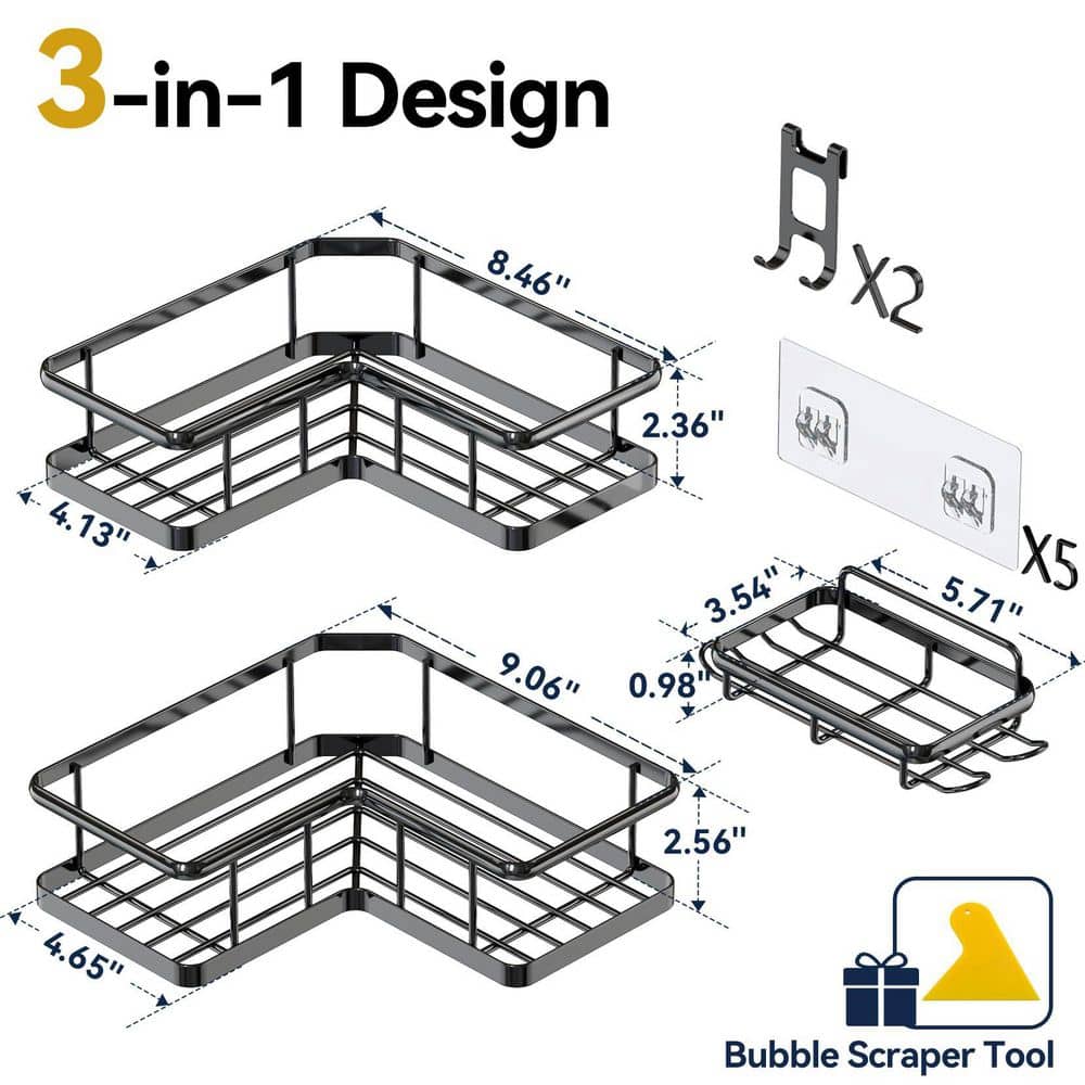 Wudkey 3-Pack Rustproof Stainless Steel Shower Caddy Corner, Adhesive Shower Shelves with Soap Holder, No Drilling in Black (2)