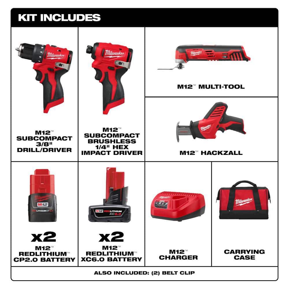 Milwaukee M12 12V Lithium-Ion Brushless Cordless Subcompact Drill and Impact Driver Kit with Hackzall and Multitool 4-Tool Kit (2)