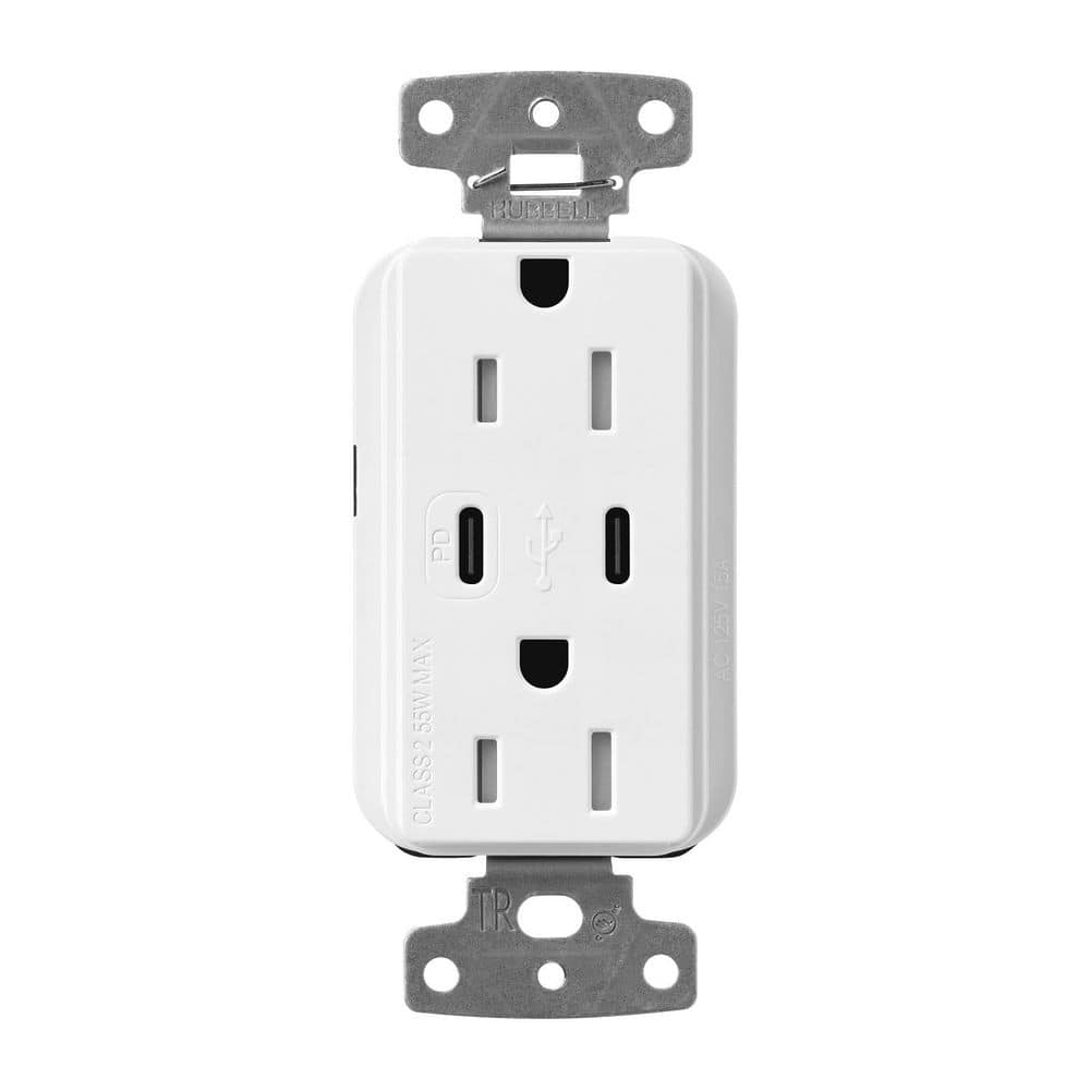 Lutron Claro 15 Amp Tamper Resistant USB Type C Duplex Receptacle, Decorator Style Outlet, Gloss Finish, CAR-15-CCTR-WH, White (1)