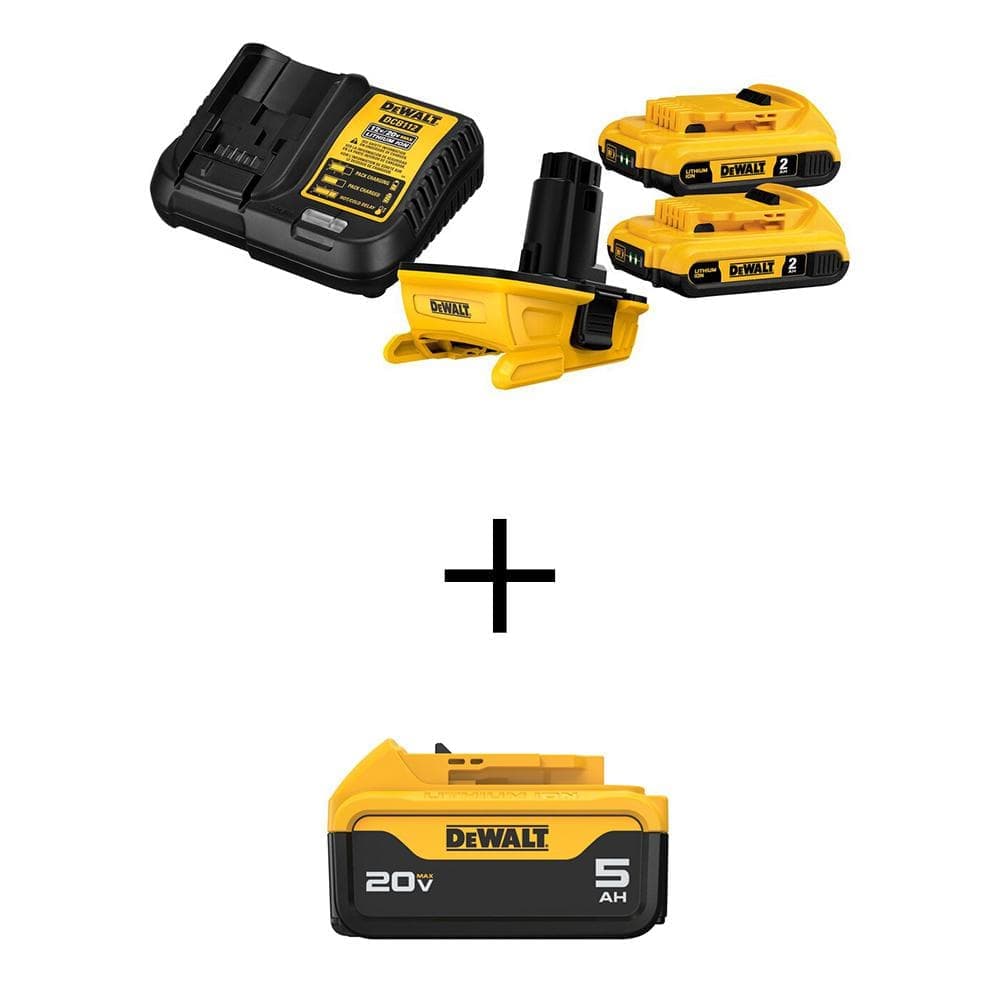 DEWALT 18V to 20V MAX Lithium-Ion Battery Adapter, Charger, (2) 2.0Ah Battery--Packs and 20V MAX 5.0Ah Battery