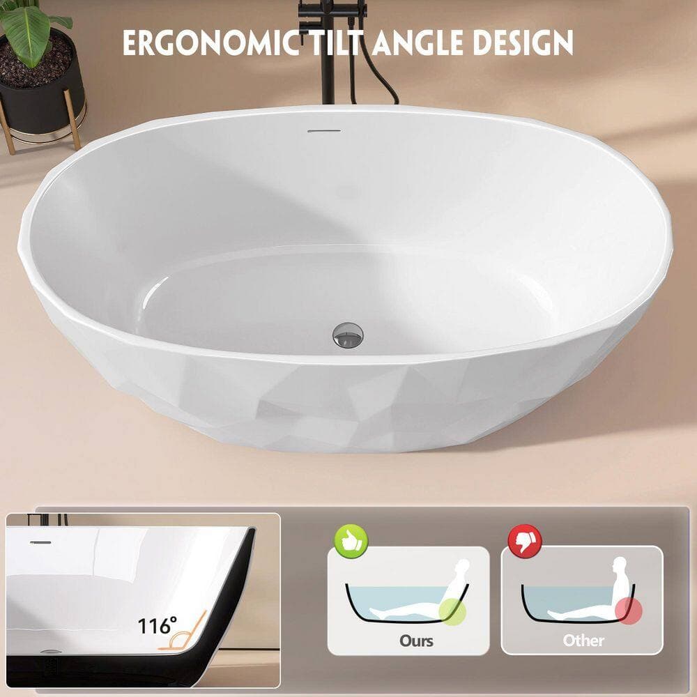 Zeafive 67 in. x 31.5 in. Acrylic Freestanding Soaking Bathtub Stand Alone Bathroom Tub with Center Drain in White (3)