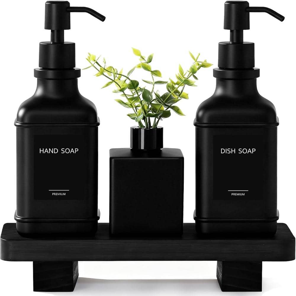 Whatseaso 16 FL OZ Black Glass Kitchen Soap Dispenser Set with Wood Tray,Glass Soap Dispensers with Pump