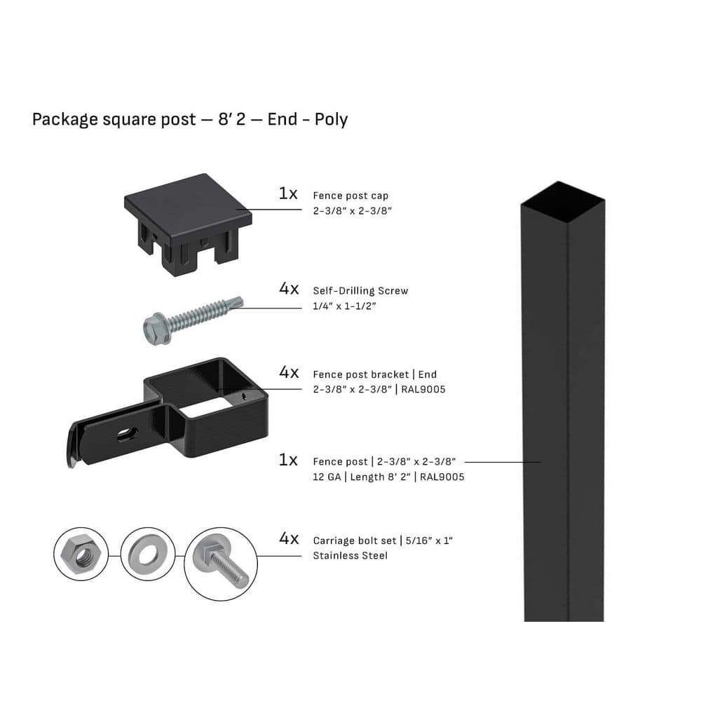 TARTER Square 2-3/8 in. x 2-3/8 in. x 8'2 ft. Poly Cap End Fence Black Steel Post (1-Pack) (1)