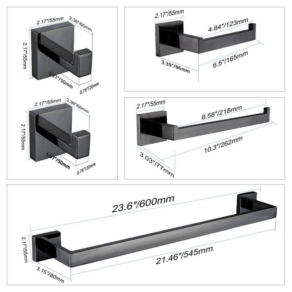 ANZZI 5-Piece Matte Black Bathroom Accessories Set with 2 Towel Bar 2 Towel Hook and 1Toilet Paper Holder (2)