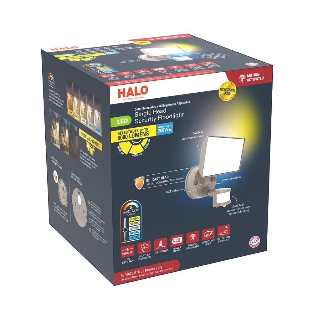 HALO 200-Watt Equivalent, 6000 Lumen, Integrated LED, Motion Sensing Large Flood Light, Bronze (3)