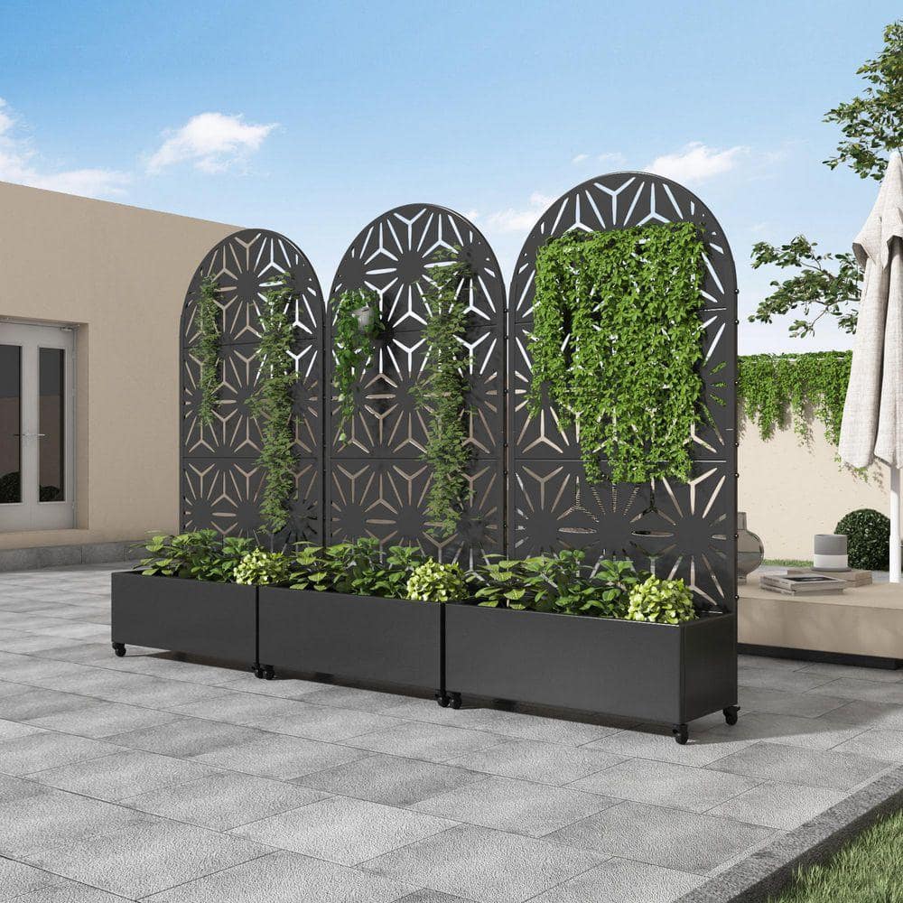 Lirago 72 in. x 35 in. Arched-Top Black Outdoor Metal Privacy Screen Raised Planter Box Wall Decor (3)