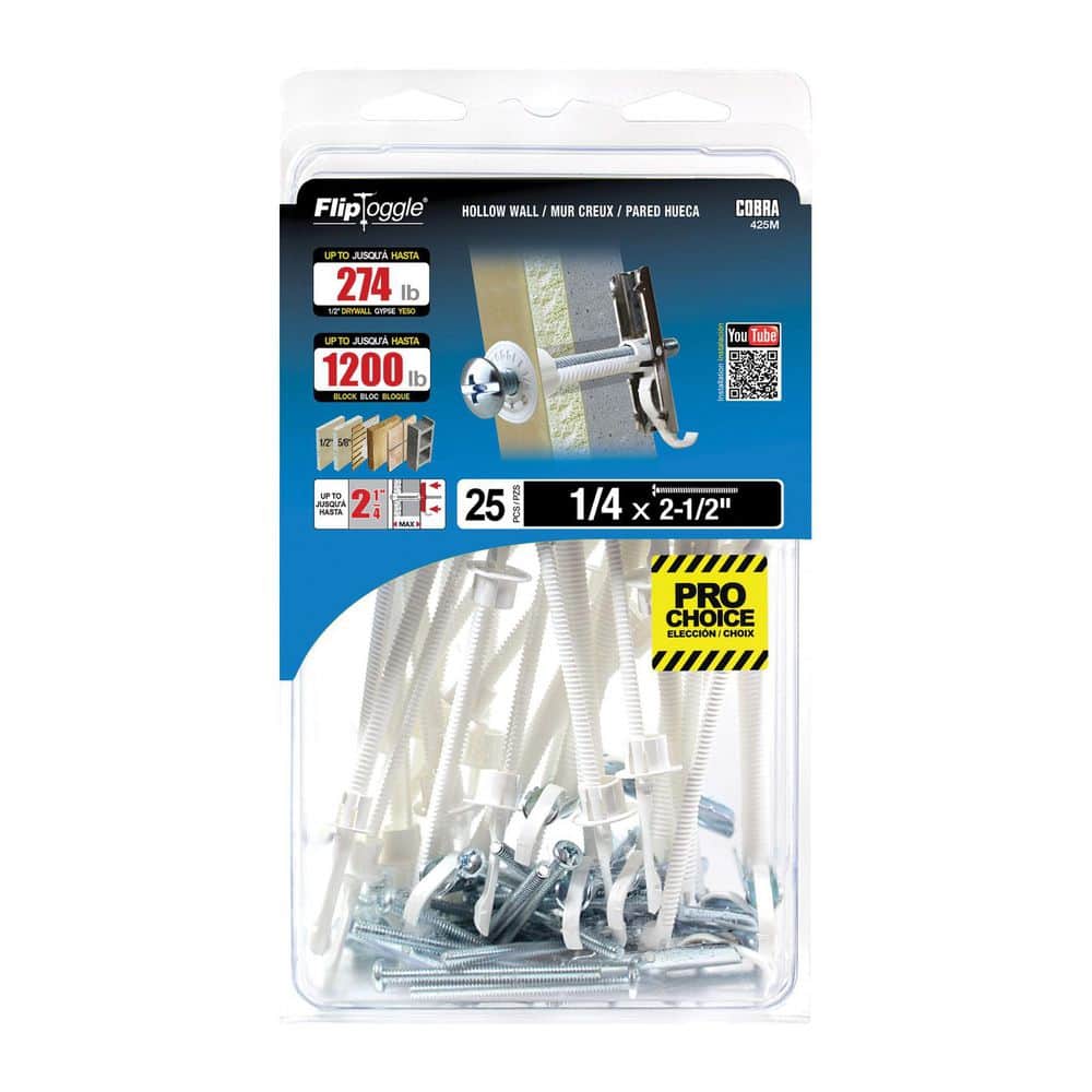 Cobra Anchors FlipToggle 1/4 in. Plastic strap Toggle Bolt Hollow Wall Anchor with 2-1/2 in. Phillips/Slotted Screw 274 lb. (25-Pack) (2)