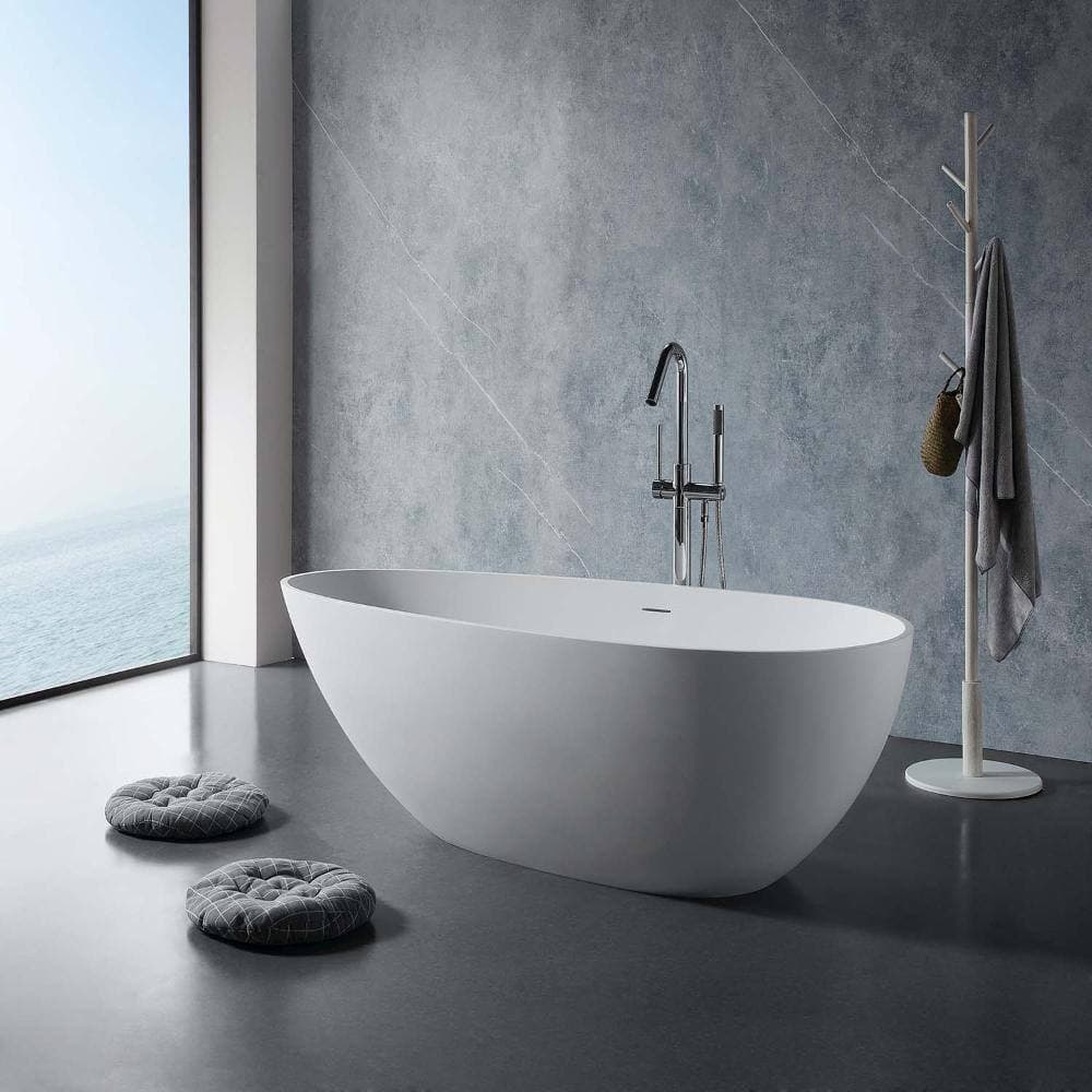 INSEEDE Luno 67 in. Solid Surface Freestanding Bathtub Matte White Stone Resin Soaking Tub with Center Drain, Spa-Like Comfort (3)