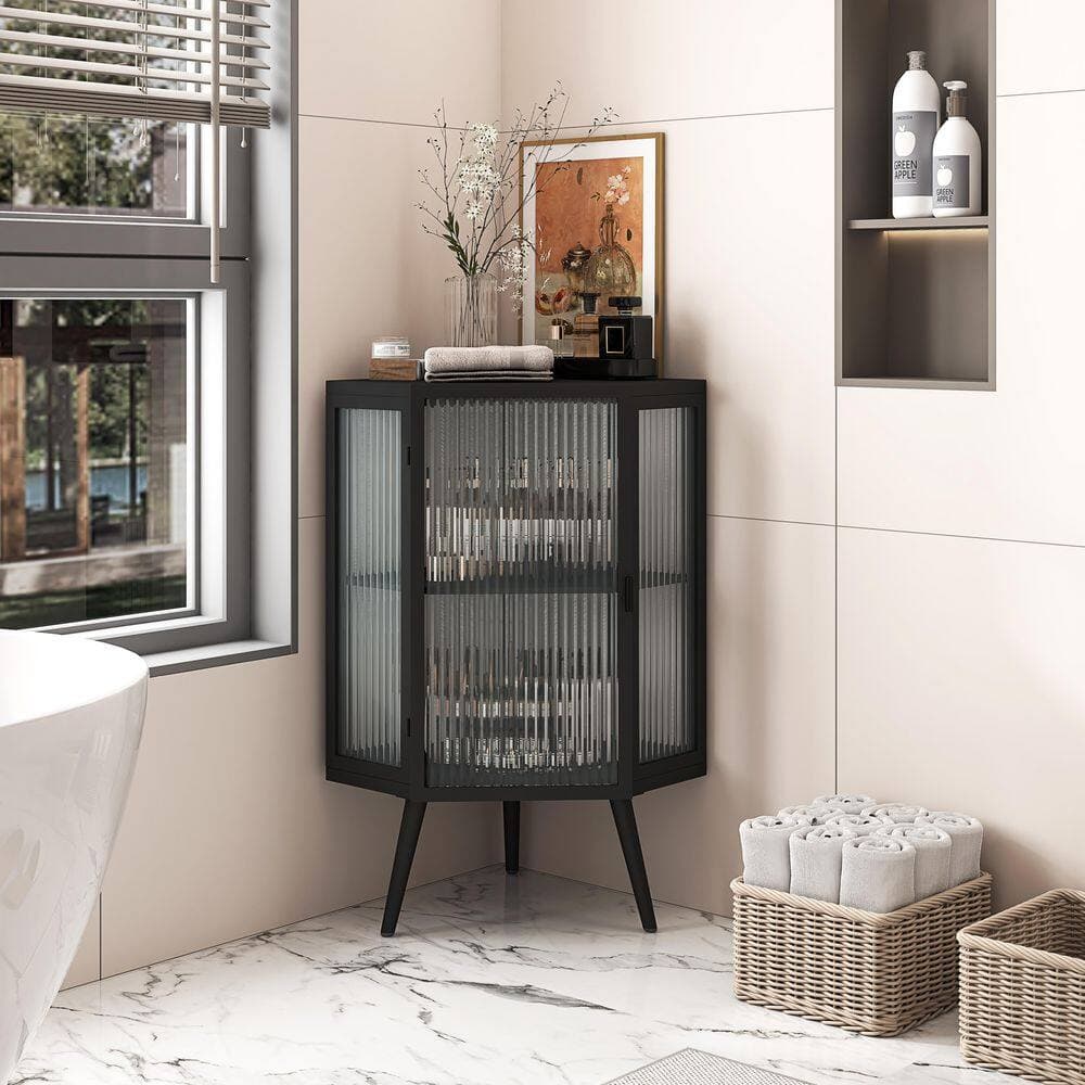 Lycvki 22.25 in. W x 16.54 in. D x 31.5 in. H Black Linen Cabinet with Tempered Glass Door and Storage Shelves for Bathroom (2)