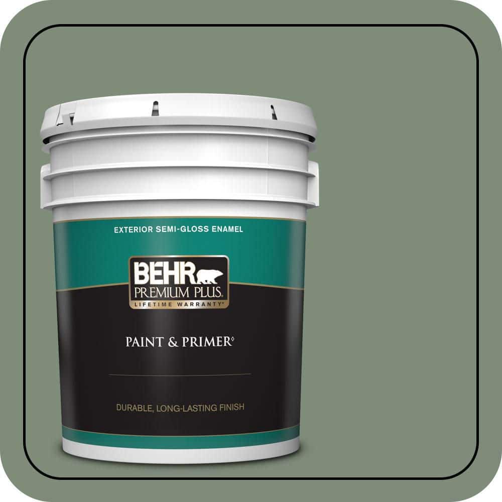 BEHR PREMIUM PLUS 5 gal. #450F-5 Amazon Moss Semi-Gloss Enamel Exterior Paint & Primer