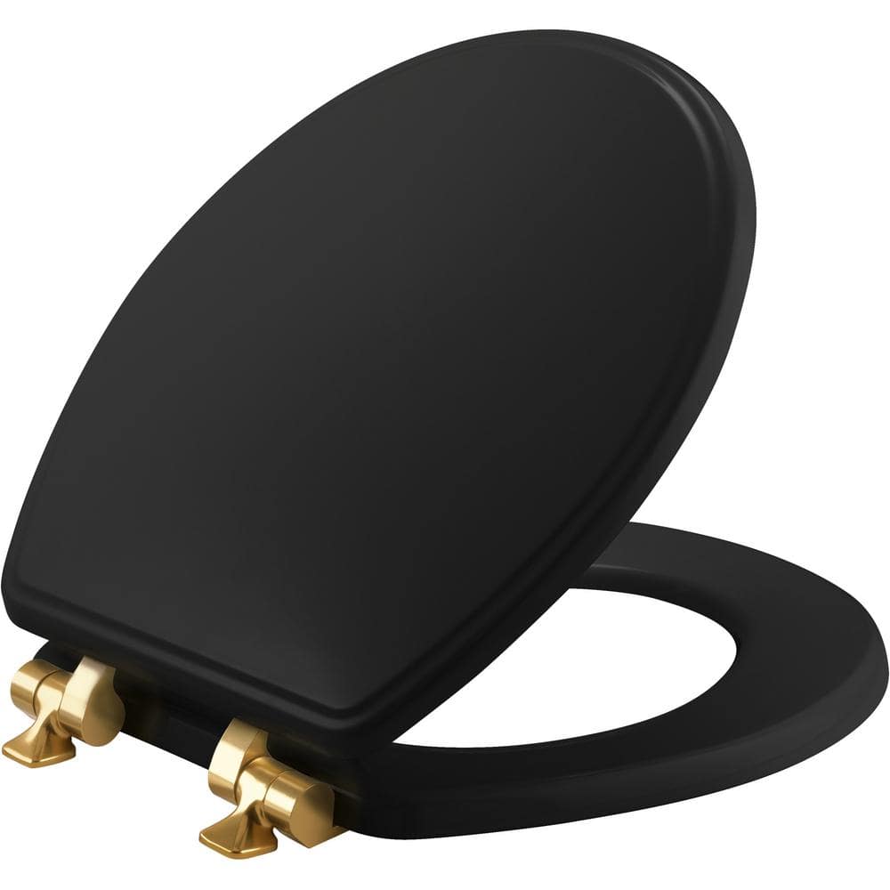 BEMIS Weston Round Soft-Close Never-Loosens Brushed-Gold-Hinge Enameled Wood Toilet Seat in Black