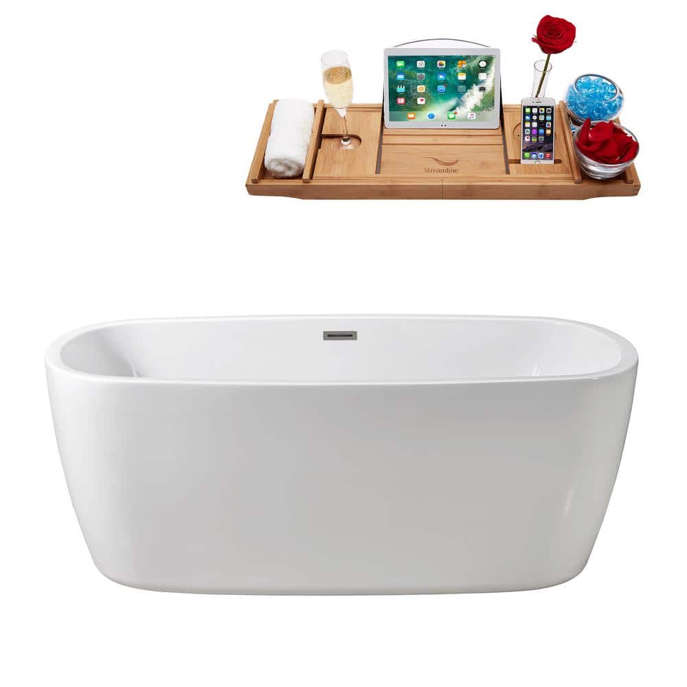 Streamline 59 in. Acrylic Flatbottom Non-Whirlpool Bathtub Glossy White with Brushed Nickel Drain and Overflow Cover