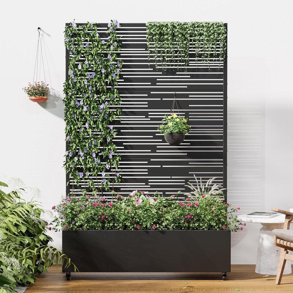 Unbranded 72 in. x 47 in. Black Outdoor Metal Privacy Screen Raised Planter Box Wall Decor