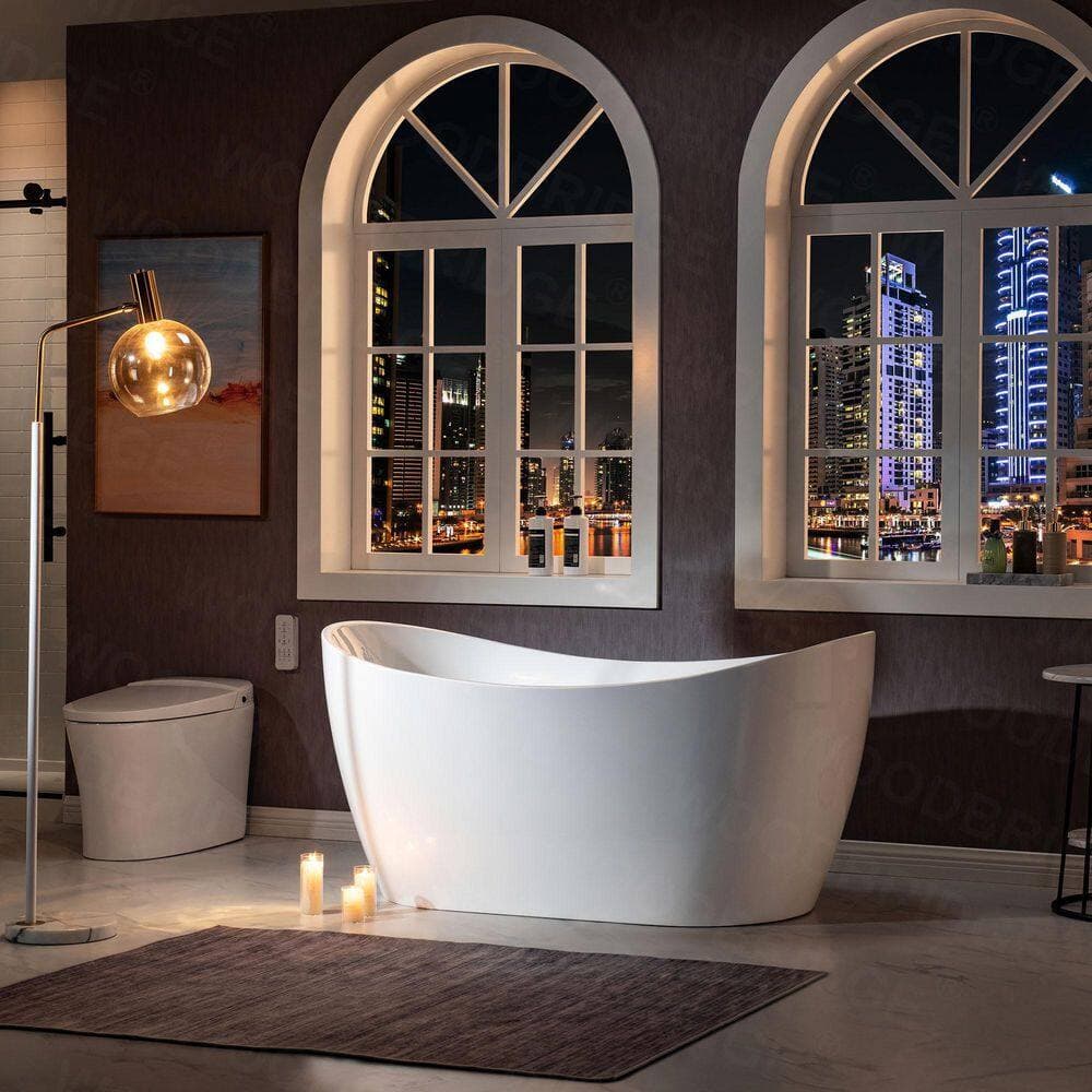 WOODBRIDGE Springston Acrylic FlatBottom Double Slipper Bathtub with Brushed Gold Overflow and Drain Included White (4)
