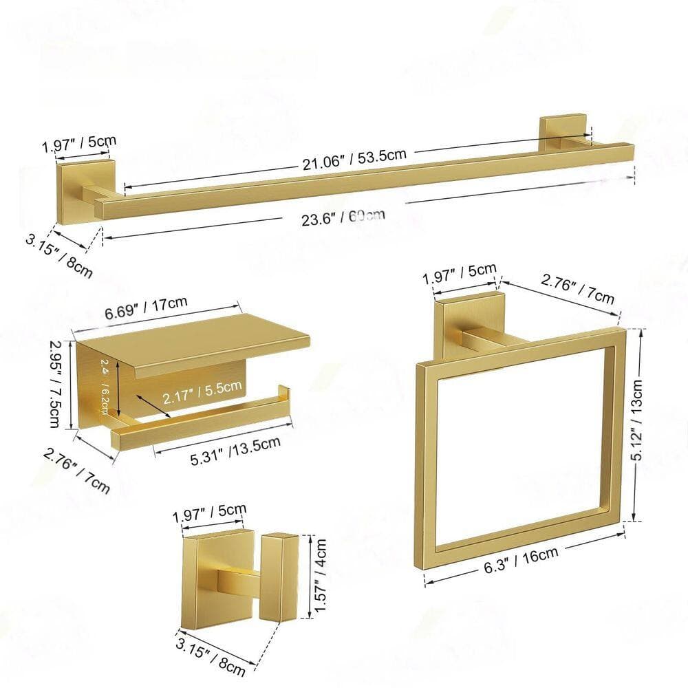 Numhew 5-Piece Bathroom Hardware Accessory Set with 23.6 in. Towel Bar and Square Toilet Paper Holder in Brushed Gold (2)