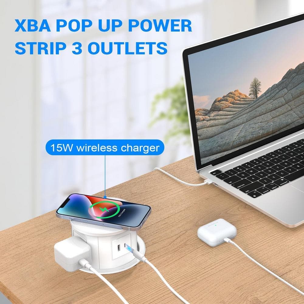 Ahfiwaso 6 ft. 4-Outlet 4.7 in. Pop Up Power Strip in White with 15-Watt Wireless Charger and USB Ports (2)