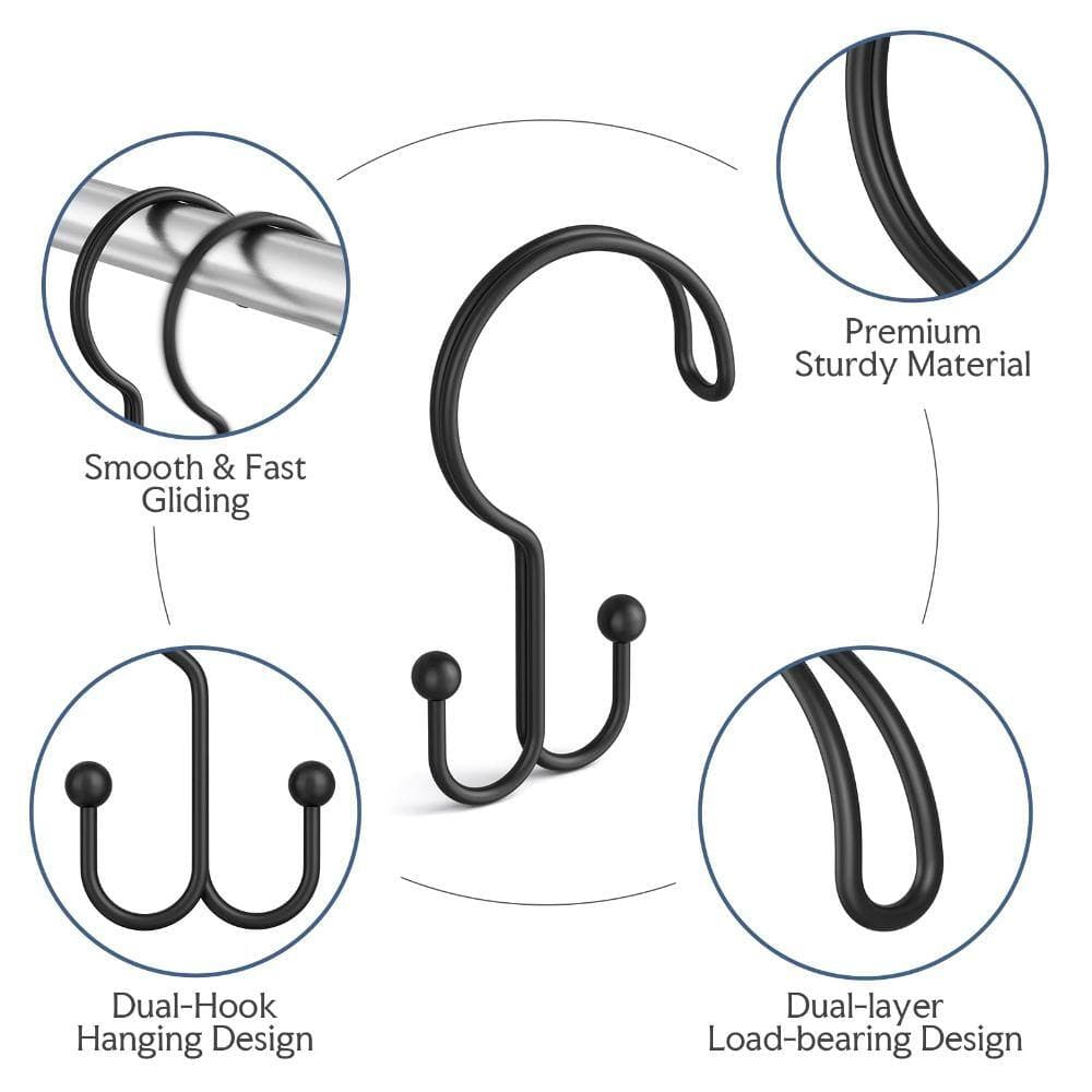 Unbranded 12-Pack Rust-Proof Coated Metal Double Hook Shower Curtain Rings Anti-Drop for Bathroom Rods in Black (2)