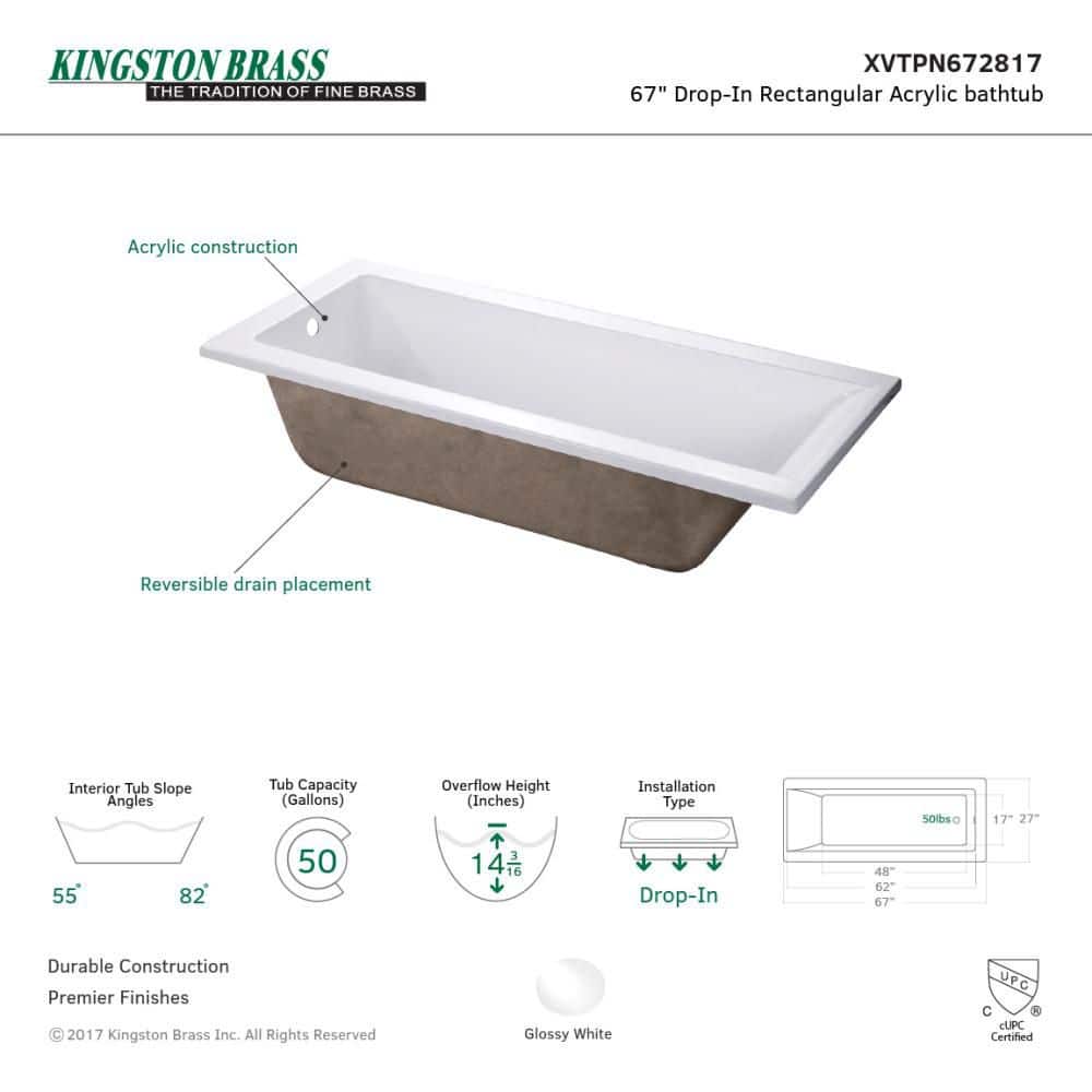Kingston Brass Aqua Eden 66.8 in. x 27.6 in. Acrylic Rectangular Drop-In Soaking Bathtub with Reversible Drain in Glossy White (2)
