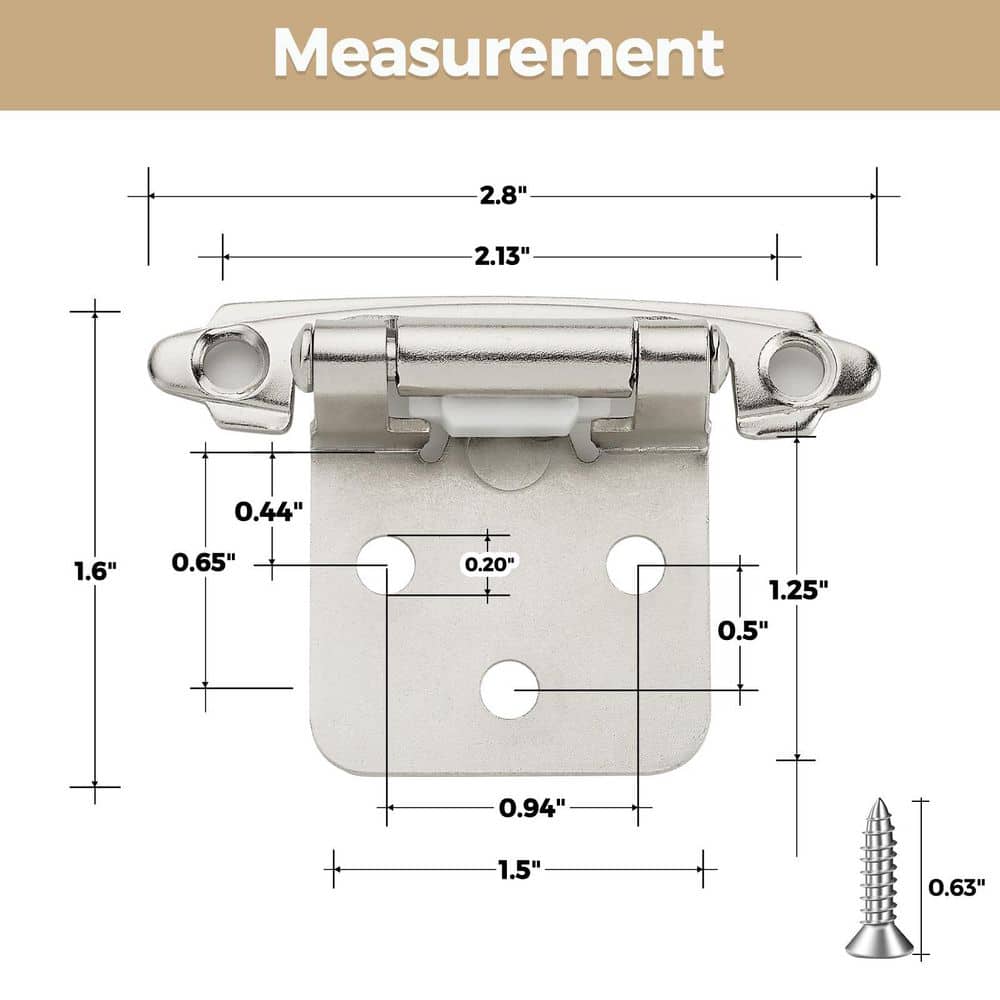 Wudkey 30-Pack 1/2 in. Satin Nickel Overlay Semi-Concealed Self Closing Kitchen Cabinet Hinges with Door Bumper (2)