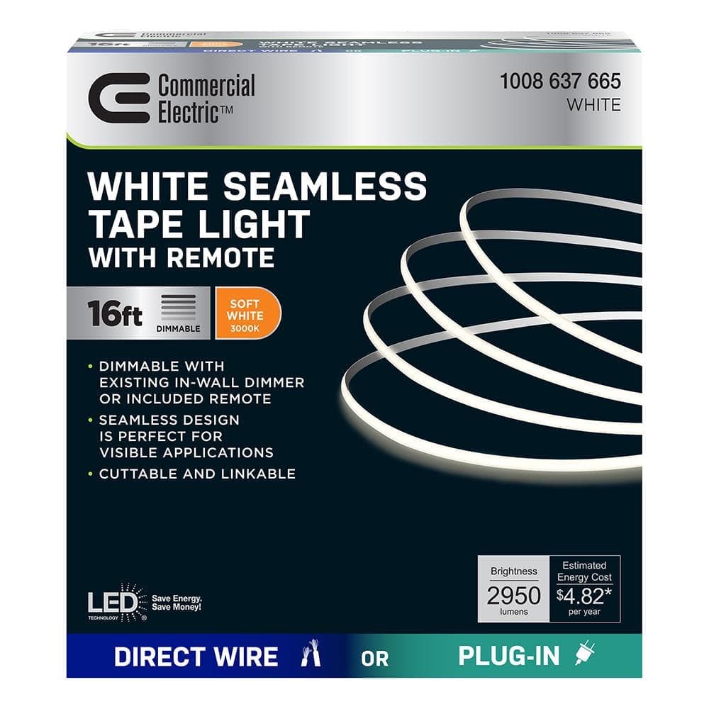 Commercial Electric 16 ft. Plug-In/Hardwire Cuttable/Linkable Dimmable Integrated LED 3000K Indoor Seamless Tape Strip Light w/Remote (4)