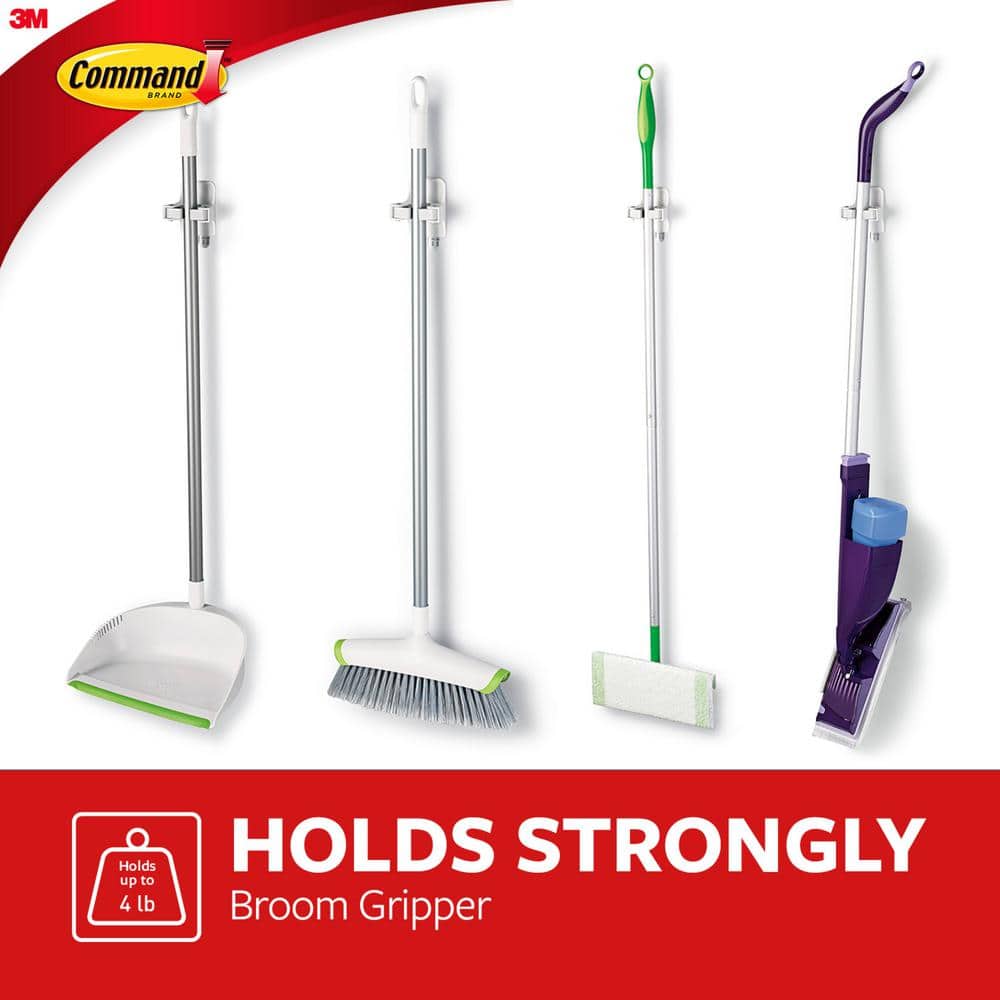 Command Broom and Mop Grippers Wall Hook, White, Damage Free Organizing, 2-Hangers (3)