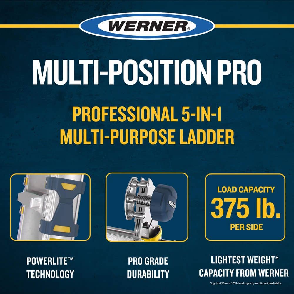 Werner 5 in 1 Multi Position Pro Reach Aluminum Adjustable Multi Position Ladder, 375 lb. Load Capacity Type IAA Duty (3)