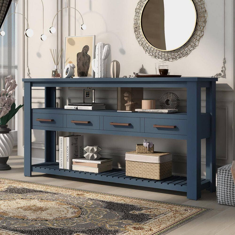 COWLOWN 61.5 in. W x 13.6 in. D x 31 in. H Navy Blue Linen Cabinet Console Table with Open Shelves and 4-Drawers (3)