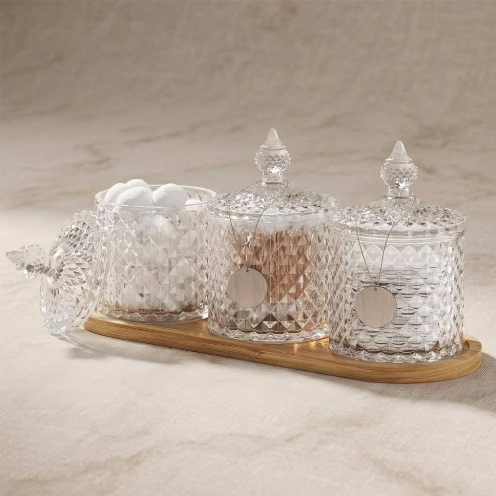 Unbranded Set of 3 Glass Qtip Holders with Lids and Bamboo Tray for Organized Bathroom Storage, Clear 10oz Each (2)