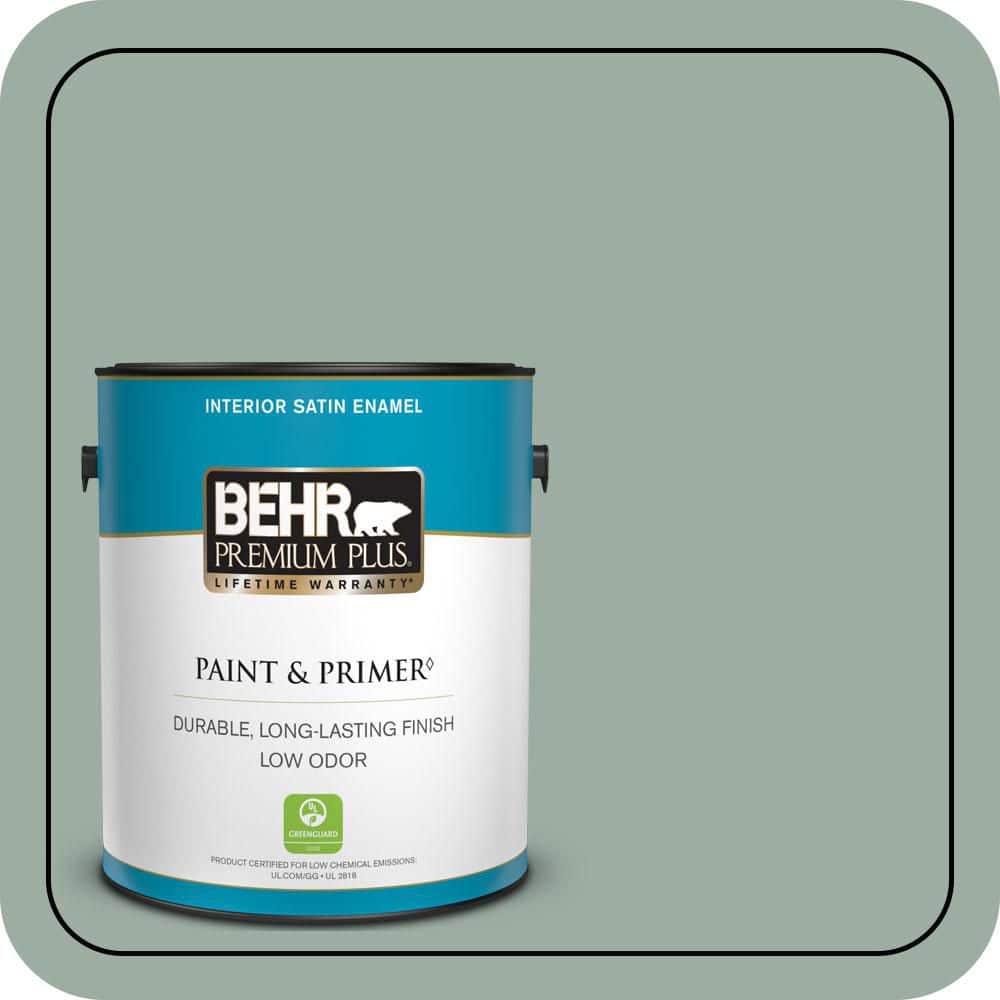 BEHR PREMIUM PLUS 1 gal. #N420-3 Misty Moss Satin Enamel Low Odor Interior Paint & Primer