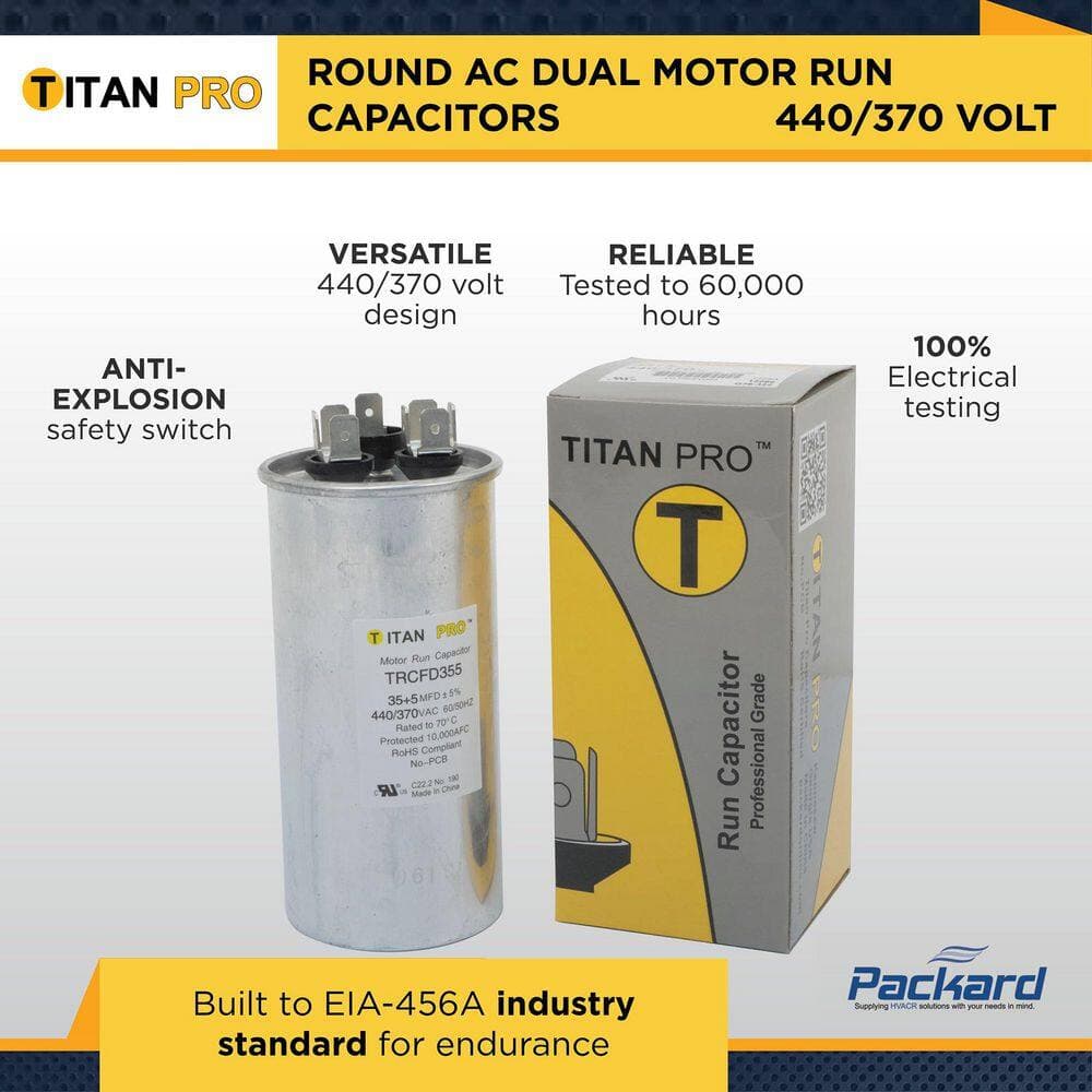 Packard Titan Pro 80-Plus 7.5 MFD 440-Volt/370-Volt Dual Voltage Round Run Capacitor (2)