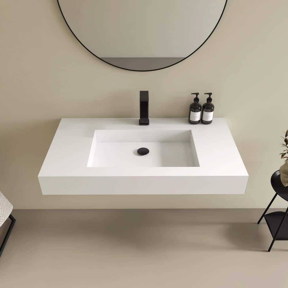 HOPROME Vetra 35 x 19 in. Solid Surface Wall Mount or Countertop Bathroom Double Vessel Sink with Faucet Holes in Matte White (2)