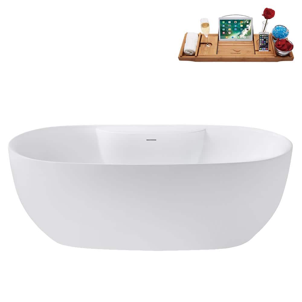 Streamline 67 in. x 30 in. Acrylic Freestanding Soaking Bathtub in Glossy White with Brushed Nickel Drain, Bamboo Tray (2)