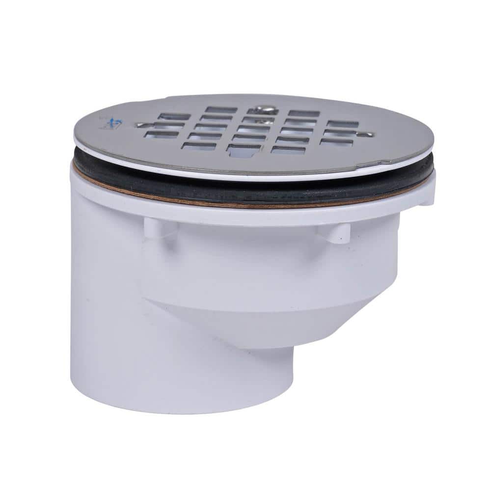 Oatey Round Offset White PVC Shower Drain with 4-1/4 in. Round Snap-In Stainless Steel Drain Cover (3)