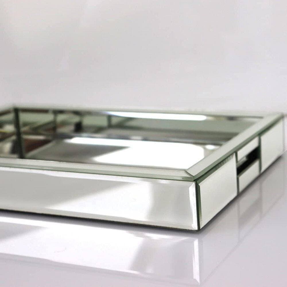 KHKFY Rectangle Silver Mirror Decorative Tray with Handle, 14 x 11 x 2 in. Mirrored Vanity Organizer for Perfume (2)