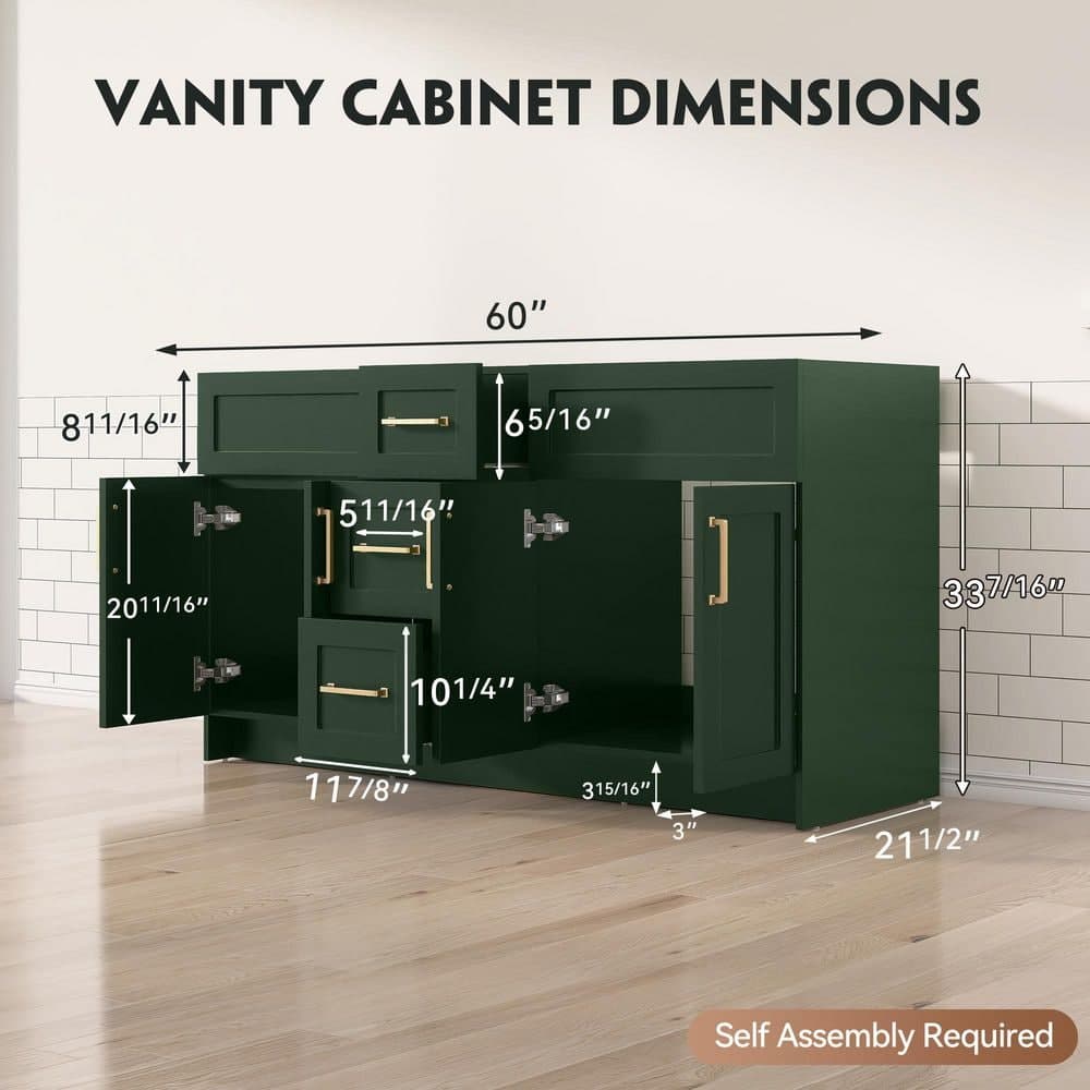 Zeafive Mox 60 in. W Double Bathroom Vanity Cabinet without Top in Green (21.5 in.D x 33.5 in.H) w/ Soft Close Doors and Drawers (2)
