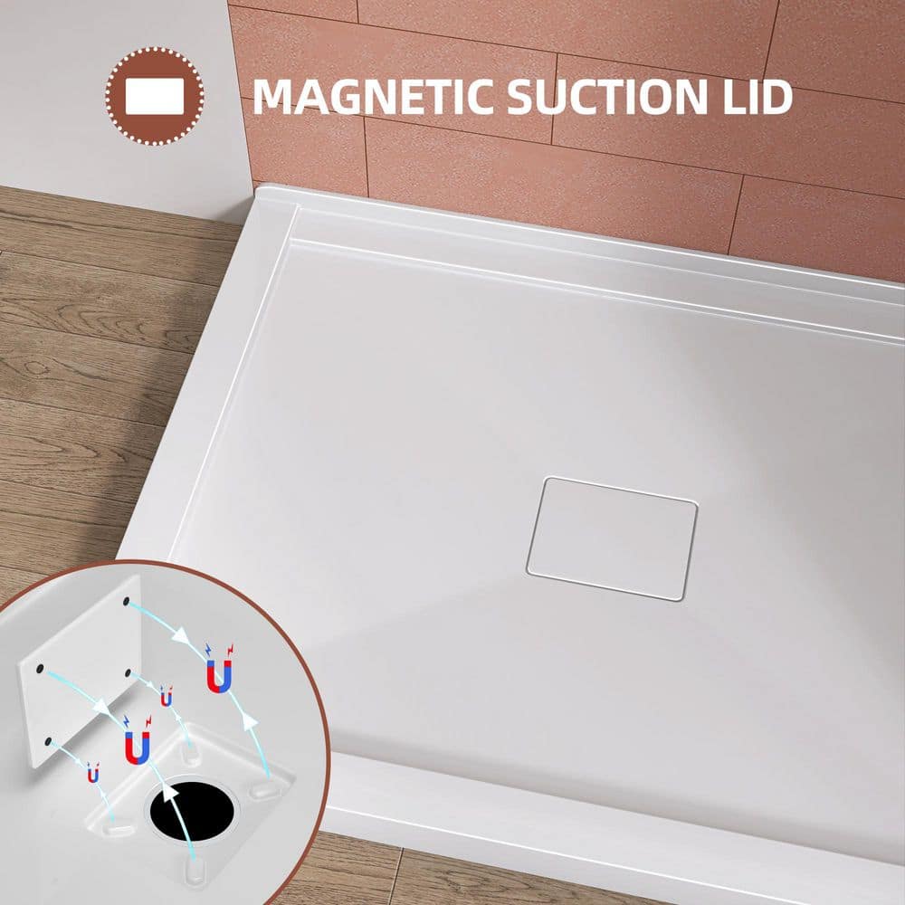 Zeafive Moca 48 in. L x 36 in. W Corner Double Threshold Acrylic Shower Pan Base with Center Drain Cover Shower Tray in White (2)