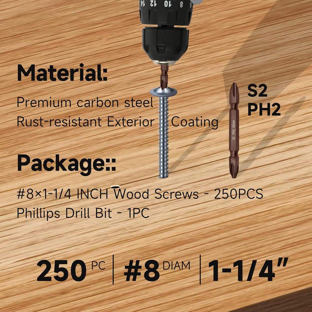 MYWISH #8 x 1-1/4 in. Silver Self Tapping Phillips Truss Head Wood Screw (250-Pack) (3)